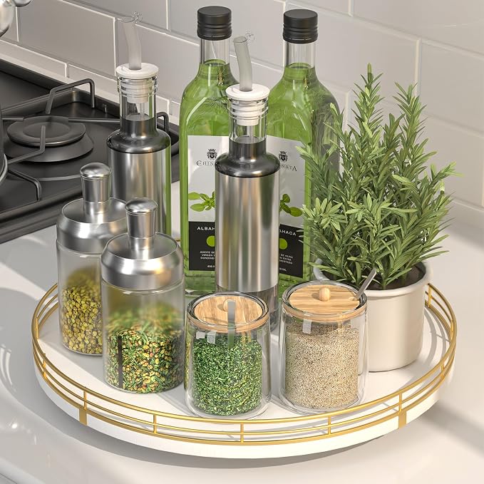 Oroyutor 12-Inch White Wooden Lazy Susan Spice Organizer with Gold Rail | Rotating oak tray organizes spices, toiletries and decor on kitchen counters, bathroom vanities, dining and coffee tables. by Oroyutor