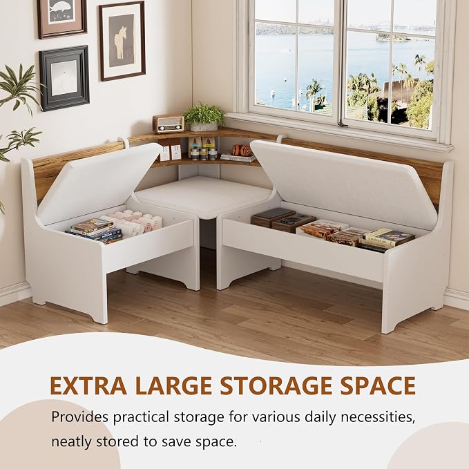 PAKASEPT Corner Breakfast Nook Table Set with Cushion, L-Shape Kitchen Dining Table with Bench, Farmhouse Wood Breakfast Nook Bench with Hidden Storage,White & Brown - Image 5