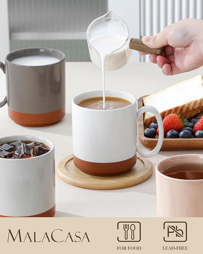 MALACASA 16oz Ceramic Coffee Mugs Set of 4, Stackable Coffee Cups with Straight-Sided Design, Mugs for Coffee, Latte, Tea, Hot Chocolate, Cappuccino and Cocoa, Microwave & Dishwasher Safe, Multicolor - Image 3