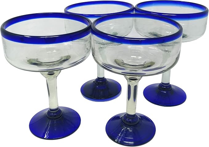Dos Sueños Mexican Hand Blown Glass - Set of 4 Hand Blown Margarita Glasses - Cobalt Blue Rim (16 oz) by DosSue%C3%B1os