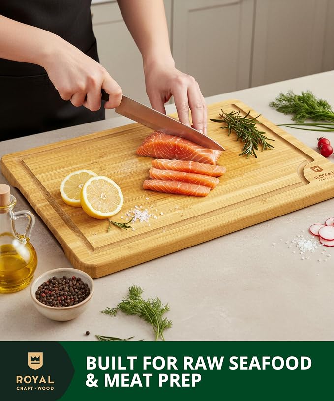 ROYAL CRAFT WOOD Wooden Cutting Boards for Kitchen Meal Prep & Serving - Bamboo Wood Serving Board Set with Deep Juice Groove Side Handles - Charcuterie & Chopping Butcher Block for Meat - Image 9