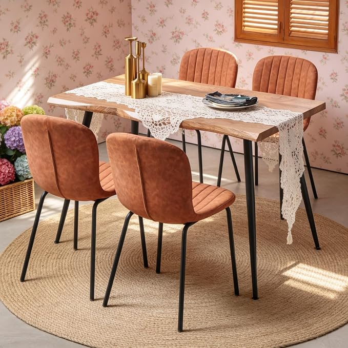 Rectangle Dining Table Set for 4 with Brown PU Leather Chairs | 5-Piece Mid-Century Modern Set, Irregular MDF Table, Wood Grain, Space-Saving for Small Spaces, Dining Rooms, Easy Clean - Image 2