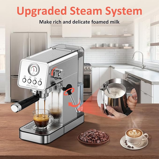 AYCHIRO 20 Bar Espresso Machine with Pressure Gauge, Compact Semi-Automatic Espresso Maker with Steam Wand, 1350W Fast Heating Coffee Machine with Removable 37oz Water Tank for Home Office - Image 4