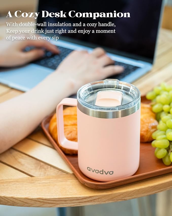 12oz Insulated Coffee Mug with Lid – Includes Two Lids, Stainless Steel Coffee Travel Mug with Handle, Double Wall Vacuum Insulated Camping Mug for Home, Office & Outdoor, Light Pink - Image 5
