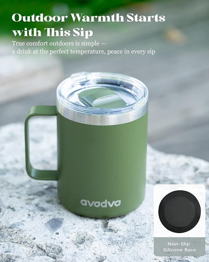 12oz Insulated Coffee Mug with Lid – Includes Two Lids, Stainless Steel Coffee Travel Mug with Handle, Double Wall Vacuum Insulated Camping Mug for Home, Office & Outdoor, Army Green - Image 6