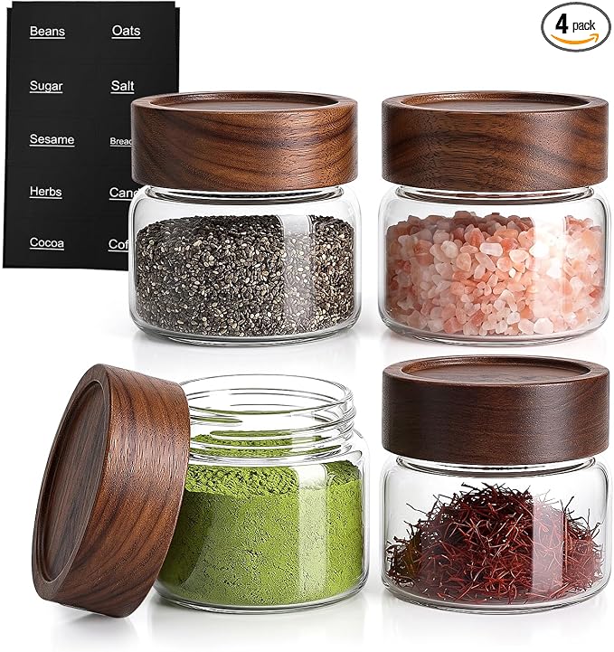 4 Pack 4 oz Glass Jars with Lids, Small Mason Jars with Airtight Acacia Wood Lid, Glass Spice Jars for Kitchen Pantry Organization, 4oz Small Jars for Spices, Nuts, Herbs & Seasoning by Kalnsa