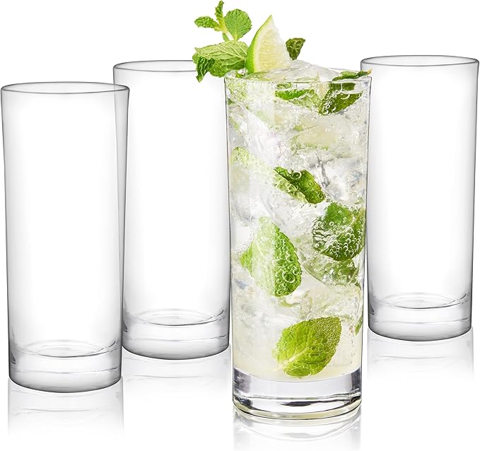 True Highball Glasses, Tall Glass Tumbler for Cocktails, Mojito Iced Tea Juices, Soda Water Drinking Cups, Kitchen Glassware, Home Bar, 11 oz Set of 4 by True