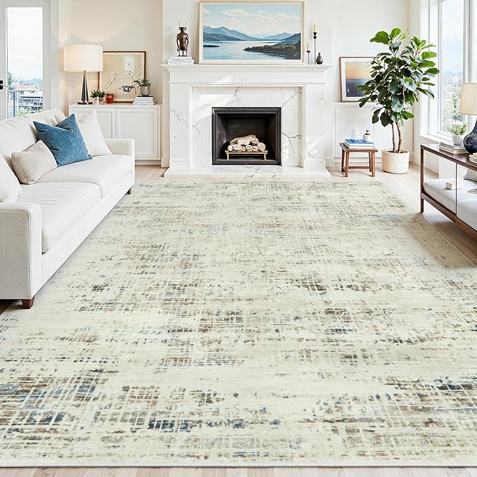 10x14 Washable Area Rug for Living Room Bedroom: Non-Slip Modern Gray White | Machine Washable TPR Backing, Stain-Resistant Low Pile, Pet & Kid Friendly, Abstract Decor for Dining Room, Dorm, Home Office by Oriannal