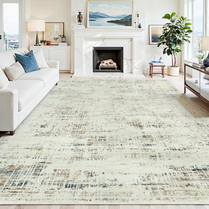 9x12 Washable Area Rug for Living Room Bedroom: Non-Slip Modern Gray White | Machine Washable TPR Backing, Stain-Resistant Low Pile, Pet & Kid Friendly, Abstract Decor for Dining Room, Dorm, Home Office by Oriannal