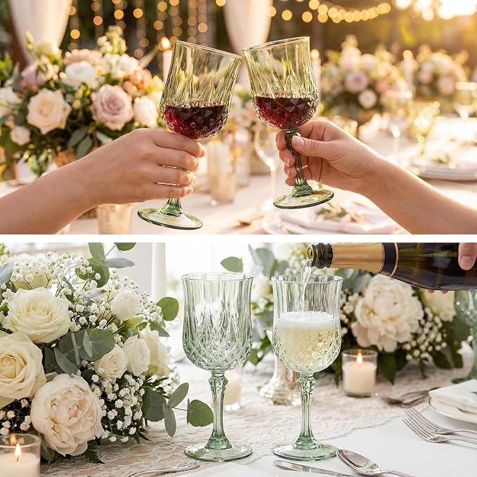 Sliner 60 Pcs 7oz Plastic Vintage Wine Glasses Drinking Goblets Unbreakable Crystal Water Glassware Reusable Diamond Champagne Flutes Cups for Wedding Banquet Birthday Party Supplies (Green) - Image 4