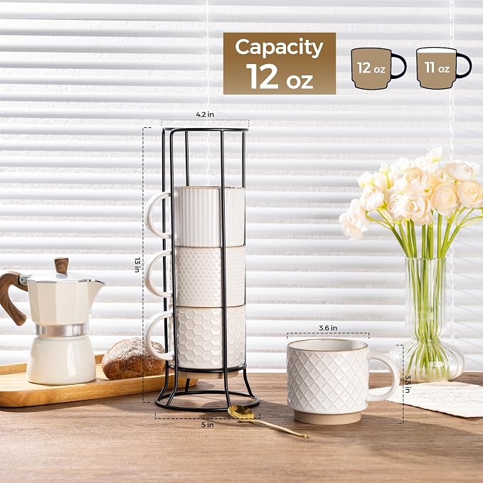 GBhome 12 OZ Stackable Coffee Mugs Set of 4, Ceramic White Coffee Cups Set | Coffee Mugs With Stand, Dishwasher&Microwave Safe, 4 Assorted Designs - Image 3