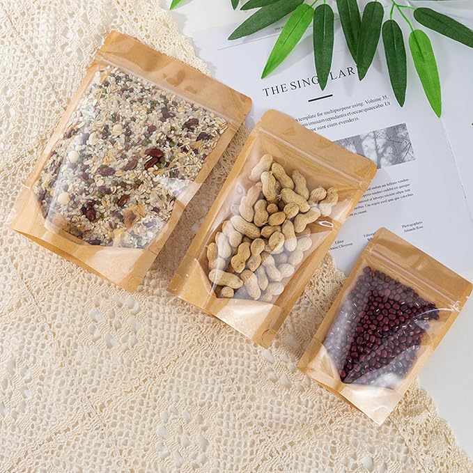 50pcs Kraft Bags With Window Clear Fornt Pouches Resealable Stand Up Zip Lock Food Storage Bags Brown 5.5"x7.8" - Image 7