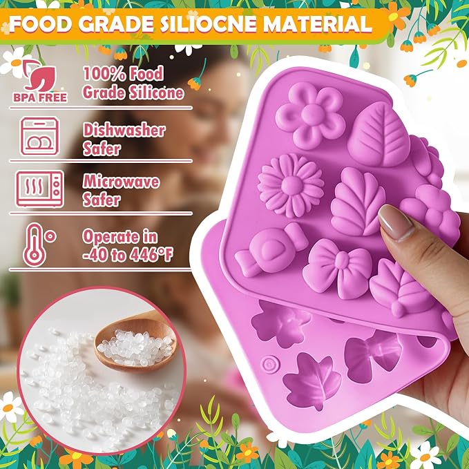 HKNMTT Flower Candy Molds Silicone, Small 9 Shapes Bite Size Chocolate Gummy Jello Gelatin Spring Cute Bow Rose Leaf Dessert Wax Melt Ice Cube Moulds Food Grade Treats Making Oven Safe Kids DIY Set - Image 3
