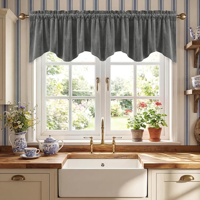 Grey Scalloped Valance for Windows 52x18 Inch 1 Panel | Luxury Velvet Kitchen Curtains for Small Window, Wavy Hem Window Treatment for Bathroom，Basement, Rod Pocket by StangH