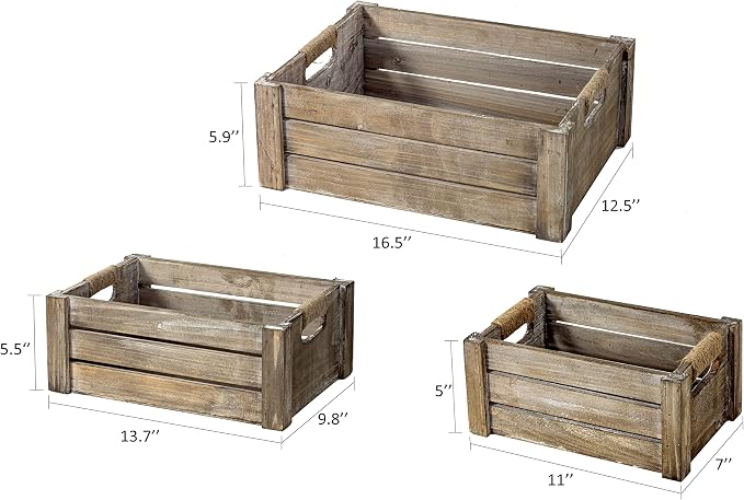 TIMRIS Set of 3 Rustic Wood Nesting Crates, Farmhouse Wooden Storage Container Boxes with Cutout Handles, Decorative Wooden Baskets for Display (Rustic Gray) - Image 7