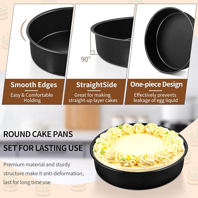 P&P CHEF 7 Inch Cake Pan Set of 3, Non-Stick Round Cake Pans | Round Cake Tins for Tier Smash Cakes, Baking Pans Set & Essential Bakeware, Stainless Steel Core & Leak-Proof - Image 3