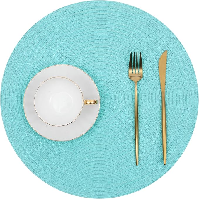 SHACOS Round Placemats Set of 6 Washable 15 inch Round Table Mats Cotton Polyester Woven Braided Place Mats for Dining Table (Aqua, 6) - Image 2