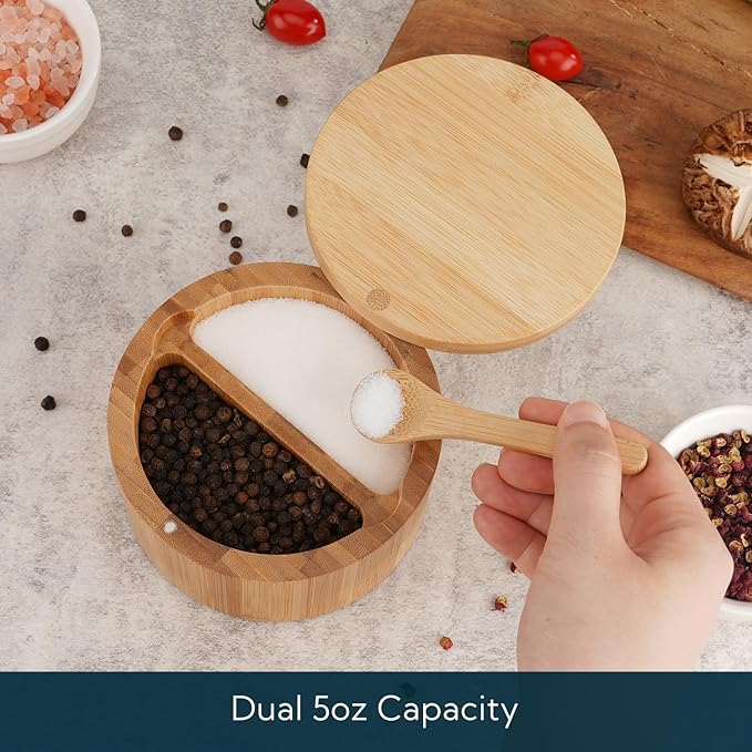 KITCHENDAO Bamboo Salt and Pepper Bowl Box Cellar, Built-in Spoon, Two Compartments Spice Seasoning Container, Sea Salt Cellar Holder, Magnetic Swivel Lid, Dual 5oz Capacity - Image 2