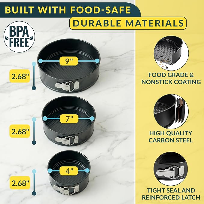 Springform Pan Set of 3, Nonstick Cheesecake Pans 4/7/9" Carbon Steel | Leakproof cake molds with removable bottom & secure latch; even-heat, oven-safe to 450°F - Image 2