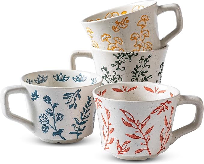 Ceramic Mugs 11 oz Unique Luxurious Cups Set of 4, Mug for Coffee Milk Latte Cappuccino Tea, Office Home Dishwasher Microwave Freezer Safe Stoneware Handmade Minimalist Mixed Cup by Noevany