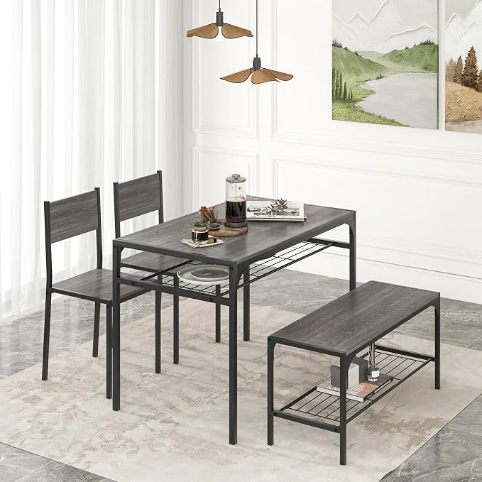 Giantex Dining Table Set for 4, Kitchen Table with Chairs & Bench, Storage Racks, Metal Frame, 4-Piece Space-Saving Dinette Set for Dining Room, Breakfast Nook, Small Space, Apartment, Grey - Image 2