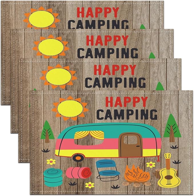 Feelyou Camper Placemat for Kitchen Dining Table 18"x12" Happy Camping Placemats Set of 4 Decor Rustic Wooden RV Camping Table Place Mats Cartoon Camping Car Indoor Outdoor Decor Table Mats by Feelyou