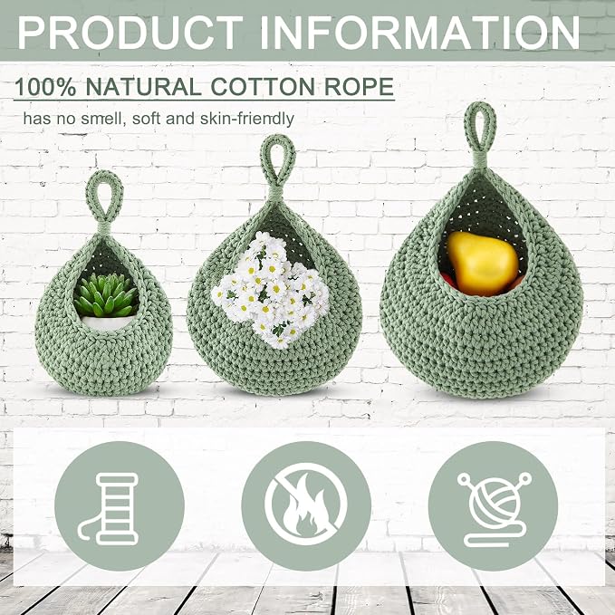 Honeydak Boho Decor Hanging Wall Baskets for Kitchen 3 Pack Teardrop Baskets with Hooks Storage Fruit Onion Vegetable Potato for Home - Image 6