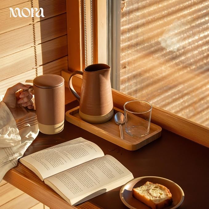 MORA Ceramics Large Tea Mug with Loose Leaf Infuser and Ceramic Lid, 18 oz, Portable, Microwave, Dishwasher Safe, Tall Coffee Cup - Rustic Matte Ceramic Glaze, Modern Herbal Tea Strainer, Terracotta - Image 6