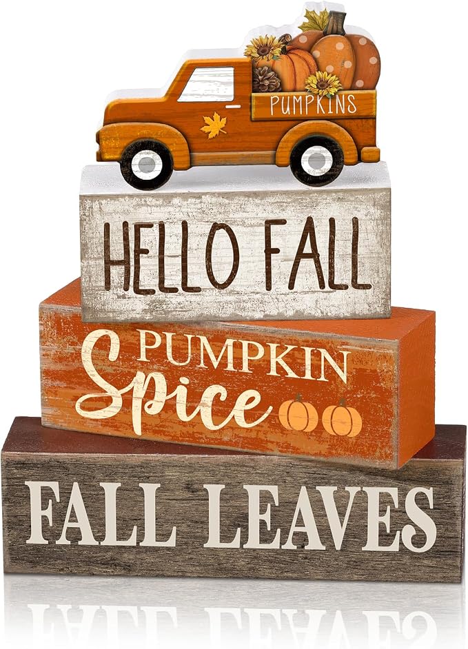 Moucuny 4 Pcs Fall Decoration for Home Fall Truck Decor Thanksgiving Tiered Tray Decor Rustic Wooden Truck Block Sign Thanksgiving Centerpiece Autumn Table Decorations for Harvest Party Kitchen Home by Moucuny