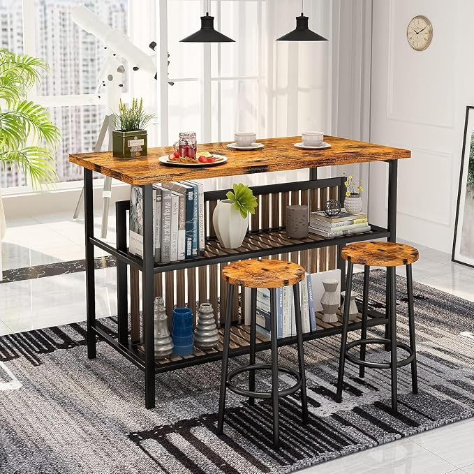 AWQM Kitchen Island with Seating & Storage Shelf, Modern Bar Table and Chairs Set for 2, Wooden Island Table for Kitchen, Dining Table Set for Small Space, Walnut Color - Image 3