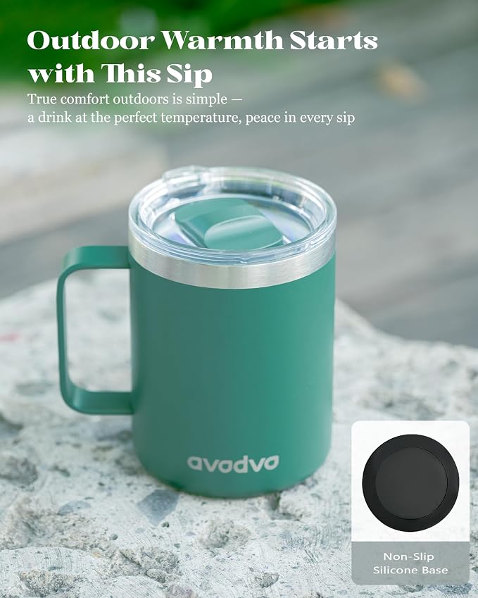 12oz Insulated Coffee Mug with Lid – Includes Two Lids, Stainless Steel Coffee Travel Mug with Handle, Double Wall Vacuum Insulated Camping Mug for Home, Office & Outdoor, Sage Green - Image 6