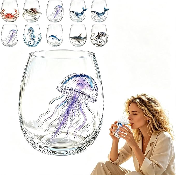 Novelty 3D Sculpted Ocean Life Stemless Wine Glasses, 12oz Embossed Sea Animal Glassware for Beverages, Premium Borosilicate Glass Beach Gifts (Jellyfish) by Unknown