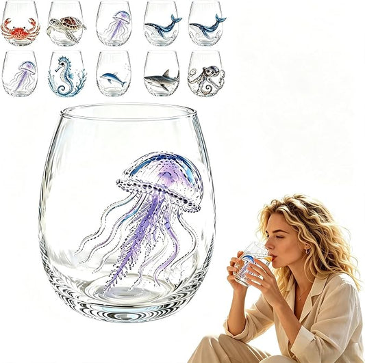 Novelty 3D Sculpted Ocean Life Stemless Wine Glasses, 12oz Embossed Sea Animal Glassware for Beverages, Premium Borosilicate Glass Beach Gifts (Jellyfish) by Unknown