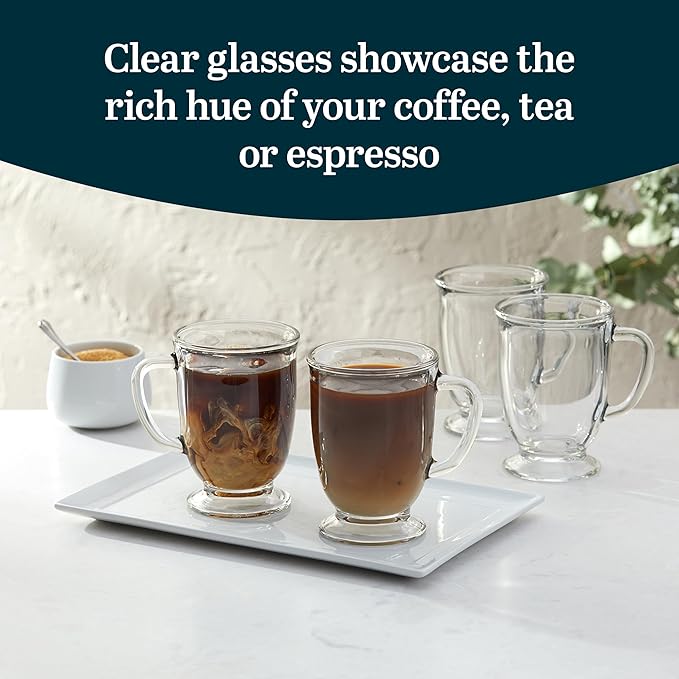 Libbey Kona Glass Coffee Mugs Set of 6, Elegant 16 Ounce Clear Tea Mug, Dishwasher Safe Glass Mugs with Handles for Tea, Coffee,and Espresso