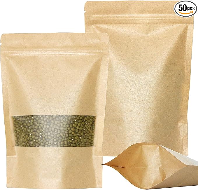 SumDirect Kraft Stand Up Pouches - 50Pcs Resealable Kraft Paper Stand Up Bags with Window, Zipper Disposable Food Storage Bags for Home or Business (50, 5.5x7.8inch) by SumDirect