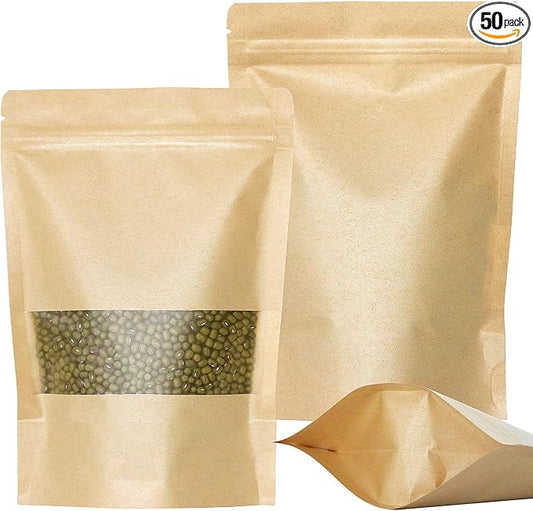 SumDirect Kraft Stand Up Pouches - 50Pcs Resealable Kraft Paper Stand Up Bags with Window, Zipper Disposable Food Storage Bags for Home or Business (50, 5.5x7.8inch) by SumDirect