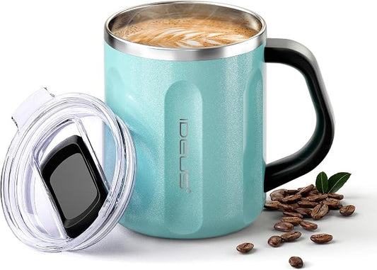 Ideus 16 oz Insulated Coffee Mug with Handle and Lid, Double Wall Stainless Steel Vacuum Thermal Coffee Mug, Travel Coffee Cup Thermal Cup for Home and Office, Sky Blue-FUJI FLOW by IDEUS