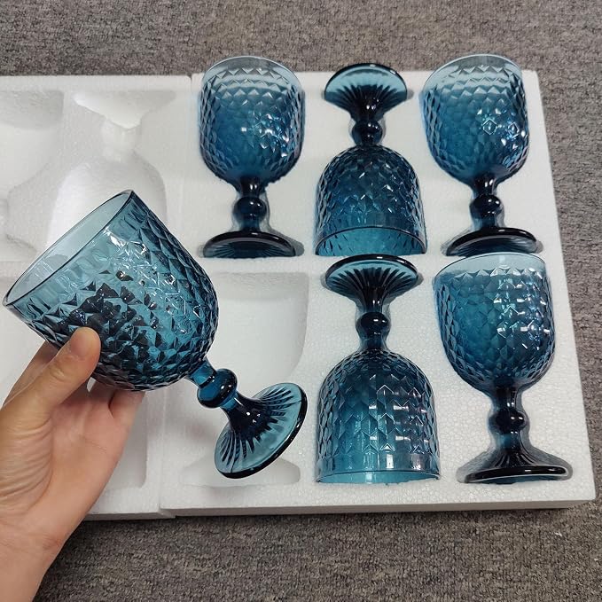 Taganov Blue Wine Glass Goblets set of 6 Vintage Glassware Colored Stemware 13.5 oz for Wedding Party Bar Housewarming Gift - Image 4