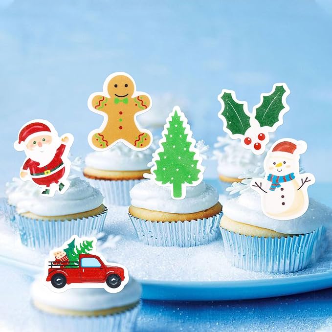 42PCS Edible Christmas Cupcake Toppers - Wafer Paper Santa Claus、Tree、Snowman、Gingerbread Man、Picks Merry Christmas Theme Holiday Baby Shower Birthday Party Cake Decorations Supplies - Image 4