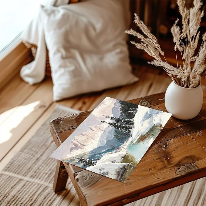 XOCUUI Vintage Unframed Canvas Wall Art, Snow Stream River Tree Cloud Winter Christmas Wall Art, Farmhouse Landscape Art Hanging Paintings for Living Room Bathroom Bedroom,8x10in - Image 5