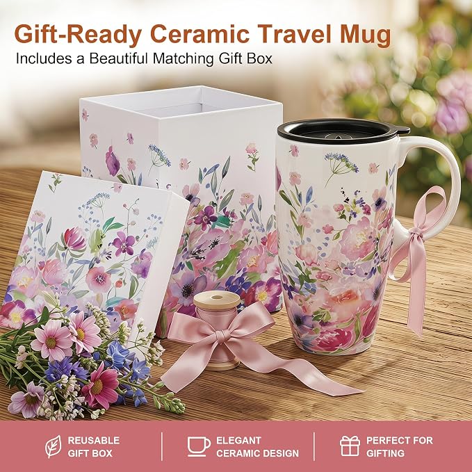 Topadorn 17oz Ceramic Travel Mug with Lid & Gift Box, Coffee Cup for Tea | Watercolor Flower Coffee Cup for Tea, Latte & Office Desk, Pink Garden Design - Image 7