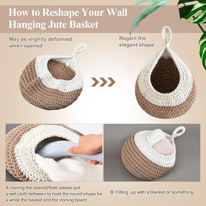 Honeydak Boho Decor Hanging Wall Baskets for Kitchen 3 Pack Teardrop Baskets with Hooks Storage Fruit Onion Vegetable Potato for Home 3 Sizes(White with Light Linen,Teardrop,Cotton Rope) - Image 4