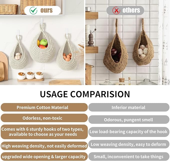 Boho Wall Hanging Fruit Baskets for Kitchen 3 Pack Woven Produce Holder with 6 Pcs Strong Hooks Vegetable Hanging Basket for Organizing Teardrop Home Wall Potato Onion Storage, White - Image 3