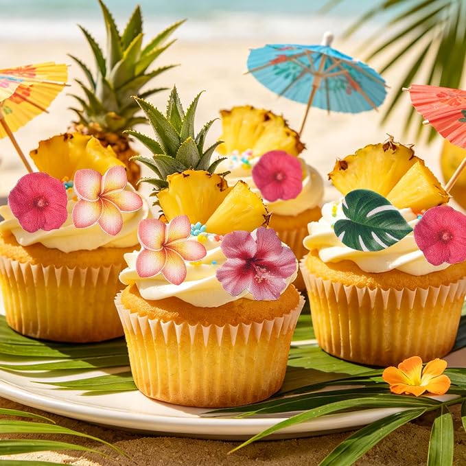280pcs Edible Hawaiian Cake Decorations, Hawaiian Tropical Design Glutinous Rice Paper Edible Flower Cupcake Decor with 40 Patterns for Summer Birthday Party Baking Supplies (Multicolor) - Image 6