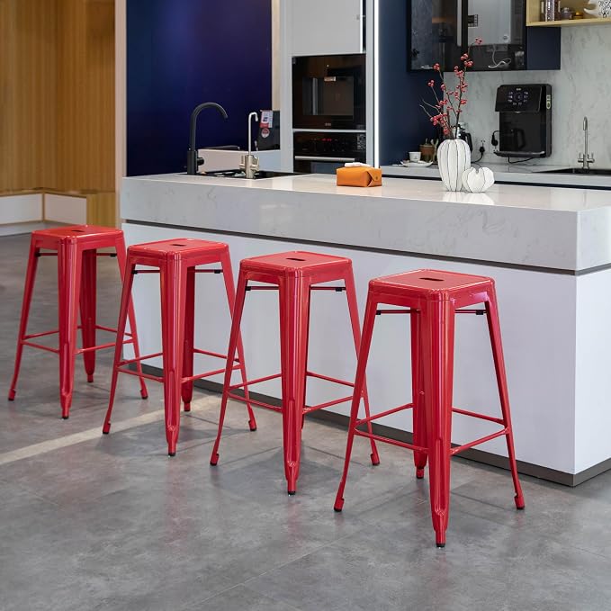 4-pcs 30-inch Backless Metal Bar Stool Stackable Heavy-Duty Counter-Height Chair for Home Bars Patios Kitchen Islands Cafes Restaurants Bistros and Dining Areas for Indoor & Outdoor, Red - Image 5