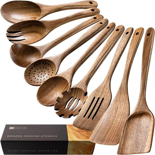 Wooden Spoons for Cooking, 9-Piece Acacia Wood Cooking Utensil Set | Spoons and spatulas stir, mix, flip and serve; balanced handles offer control while staying gentle on nonstick cookware. by HEFILD