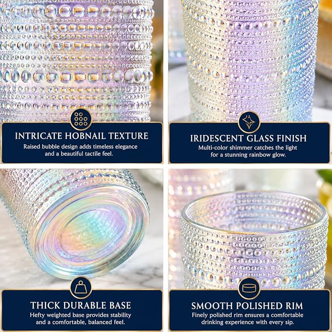 Hobnail Beaded Highball Drinking Tumbler Glasses | Set of 6 | Iridescent Pearl Vintage Bubble Design Glassware, Old-Fashioned, Embossed Design, Water, Wine, Cocktail Embossed Heavy Glass, Rocks Glass - Image 5