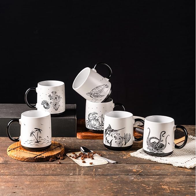 AmorArc Large Coffee Mugs Set of 6, 18oz Ceramic Coffee Cups with Sea Life Textured Patterns for Tea Latte Cocoa. Easy to Hold&Clean, Dishwasher&Microwave Safe, Matte - Image 6