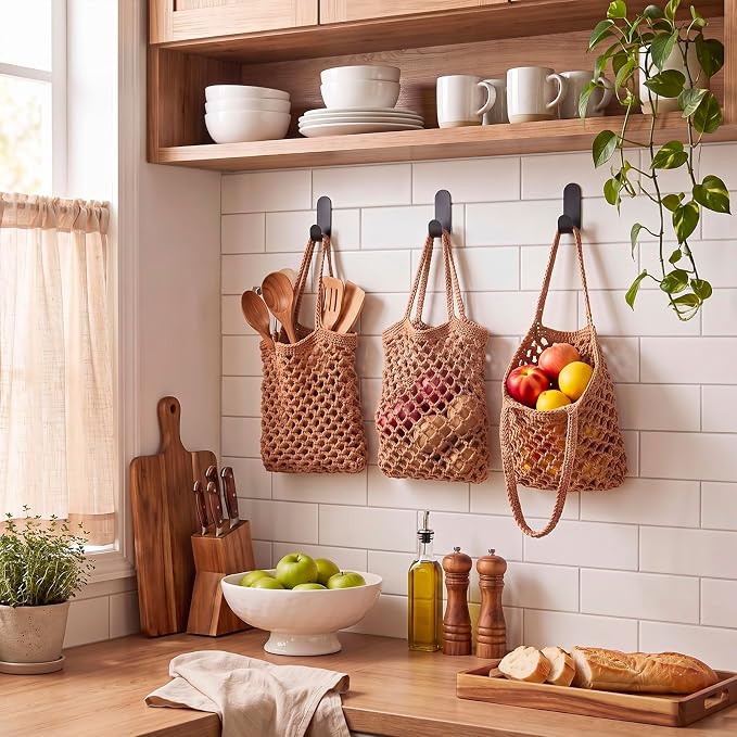 Honeydak Boho Decor Hanging Wall Baskets for Kitchen 3 Pack Teardrop Baskets with Hooks Storage Fruit Onion Vegetable Potato for Home(Dark Brown,Mesh,Cotton Rope) - Image 7