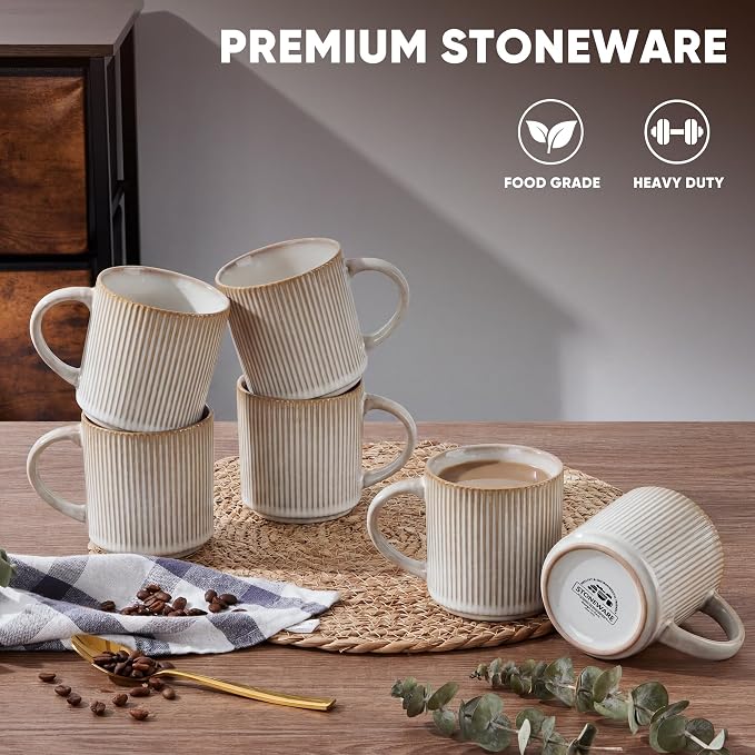 E-far 12 oz Coffee Mugs Set of 6, Stoneware Coffee Cups with Handle for Man Woman, Modern Ribbed Ceramic Tea Mugs for Latte Cocoa Milk, Microwave & Dishwasher Safe, Creamy Beige - Image 3